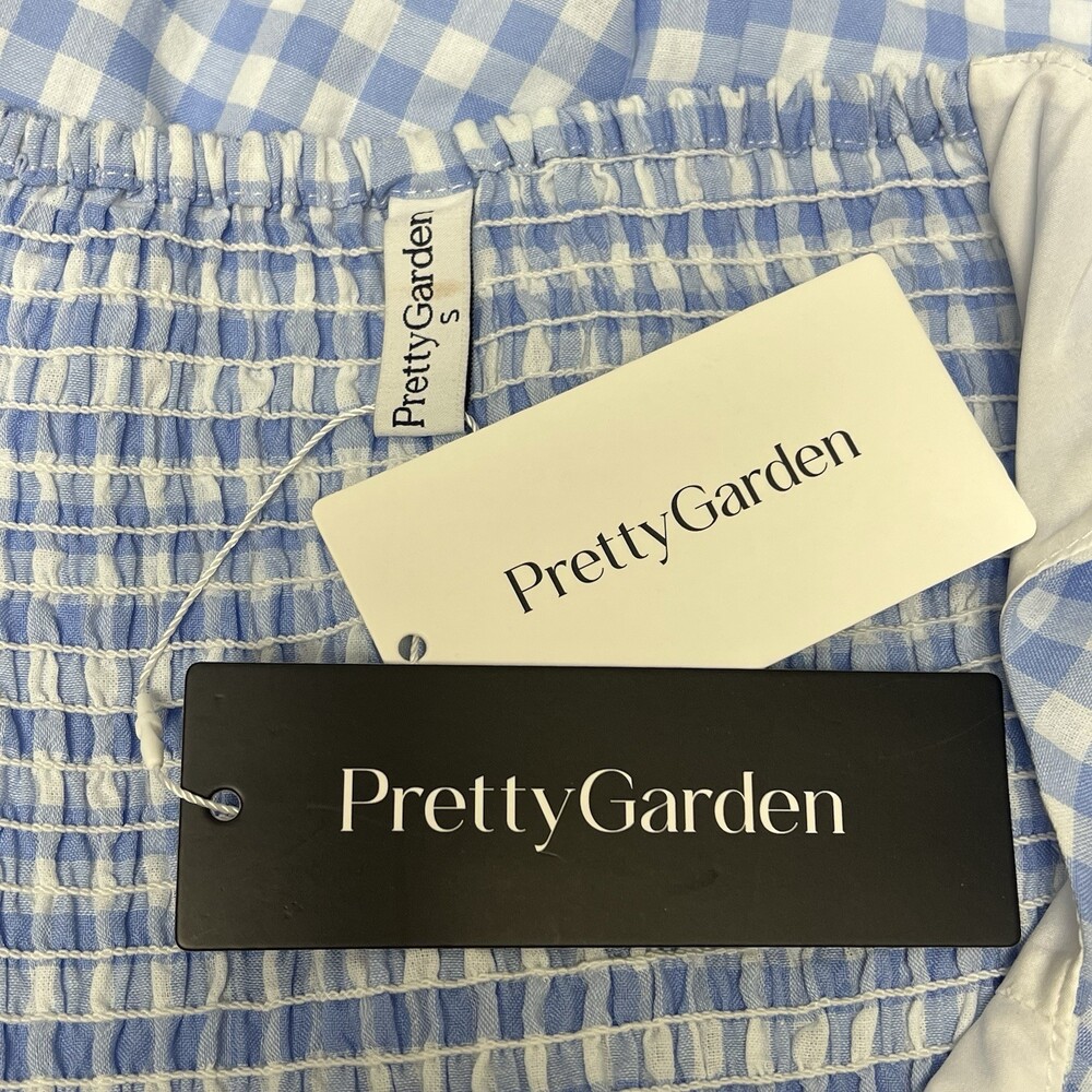 PrettyGarden Blue White Gingham Maxi Dress Smocked Back Sleeveless Size S NWT - Picture 9 of 12